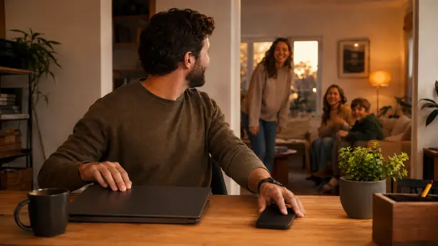 Small-business owner finishing work and separating business calls from personal time