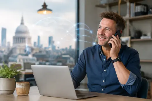 Small-business owner receiving calls on a free UK 03 number from anywhere