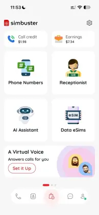 SimBuster app home screen with phone numbers, Receptionist and AI Assistant