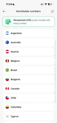 Choose a country and phone number type in SimBuster