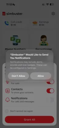 Allow notifications for incoming SimBuster calls and messages