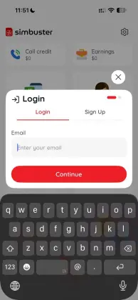 SimBuster sign in and account creation screen