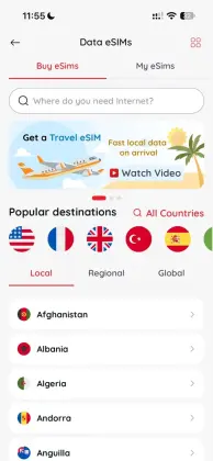 Browse travel eSIM data plans in the SimBuster app